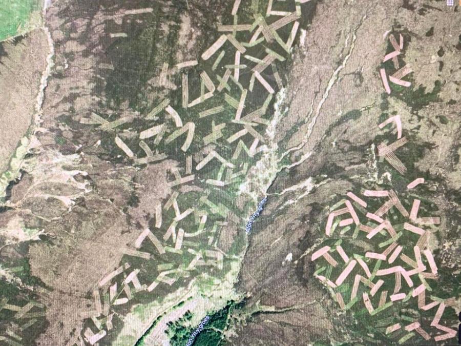 The lines on the landscape of North Wales from the Google Maps satellite image are the thinning of the so-called heath to improve the habitat of grouse.Heather is mowed by a tractor to create a diverse habitat and different stages of heather growth.