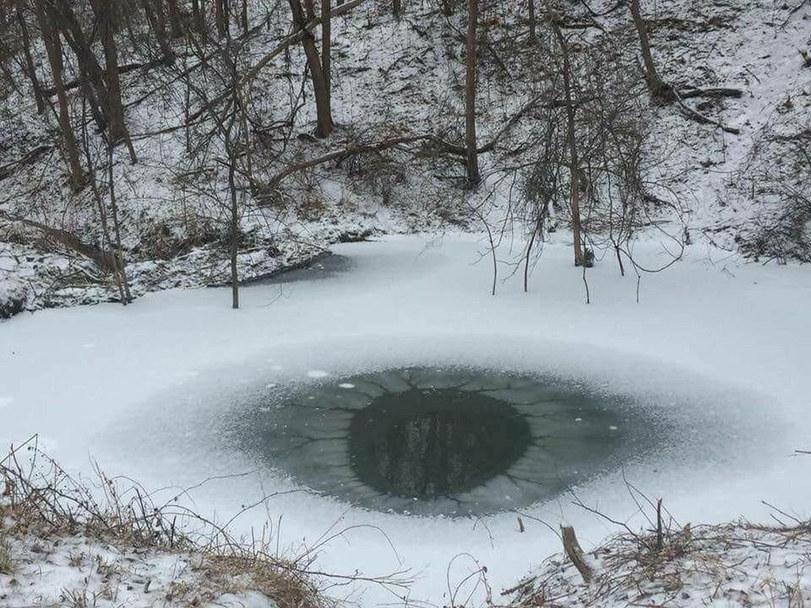 Лед в пруду, похожий на глаз.
