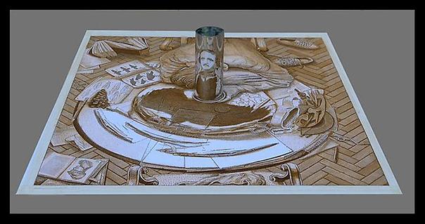 Чешский художник-график и художник-мультипликатор Иштван Орос. Рисунок с портретом&nbsp;Эдгара Аллана По. Работа с цилиндрическим зеркалом.
