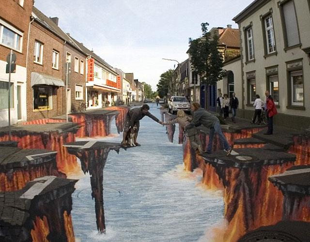 Insólita ilusión de müller pintó en la ciudad alemana de Гельдерн.

Este trabajo se refiere al arte de dibujar imágenes en 3D en el pavimento, que son bastante realistas, aunque sólo desde un punto de observación.
Traducido del servicio de «Yandex.Traductor»