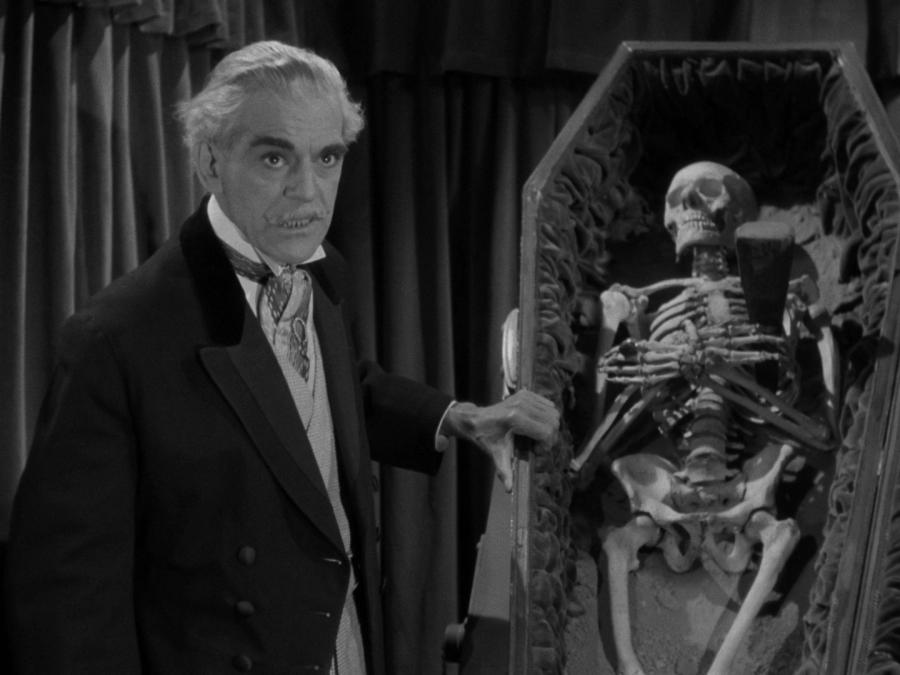 The skeleton of Count Dracula in a coffin