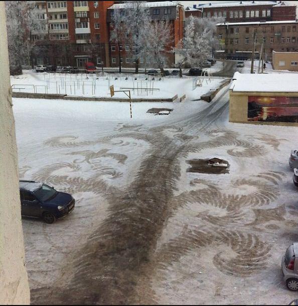 Address: Izhevsk, Russia

Description: Semyon Bukharin (the school janitor, the artist) paints in the snow is incredibly beautiful drawings with a shovel to lift the mood of the people around him.
Translated by «Yandex.Translator»